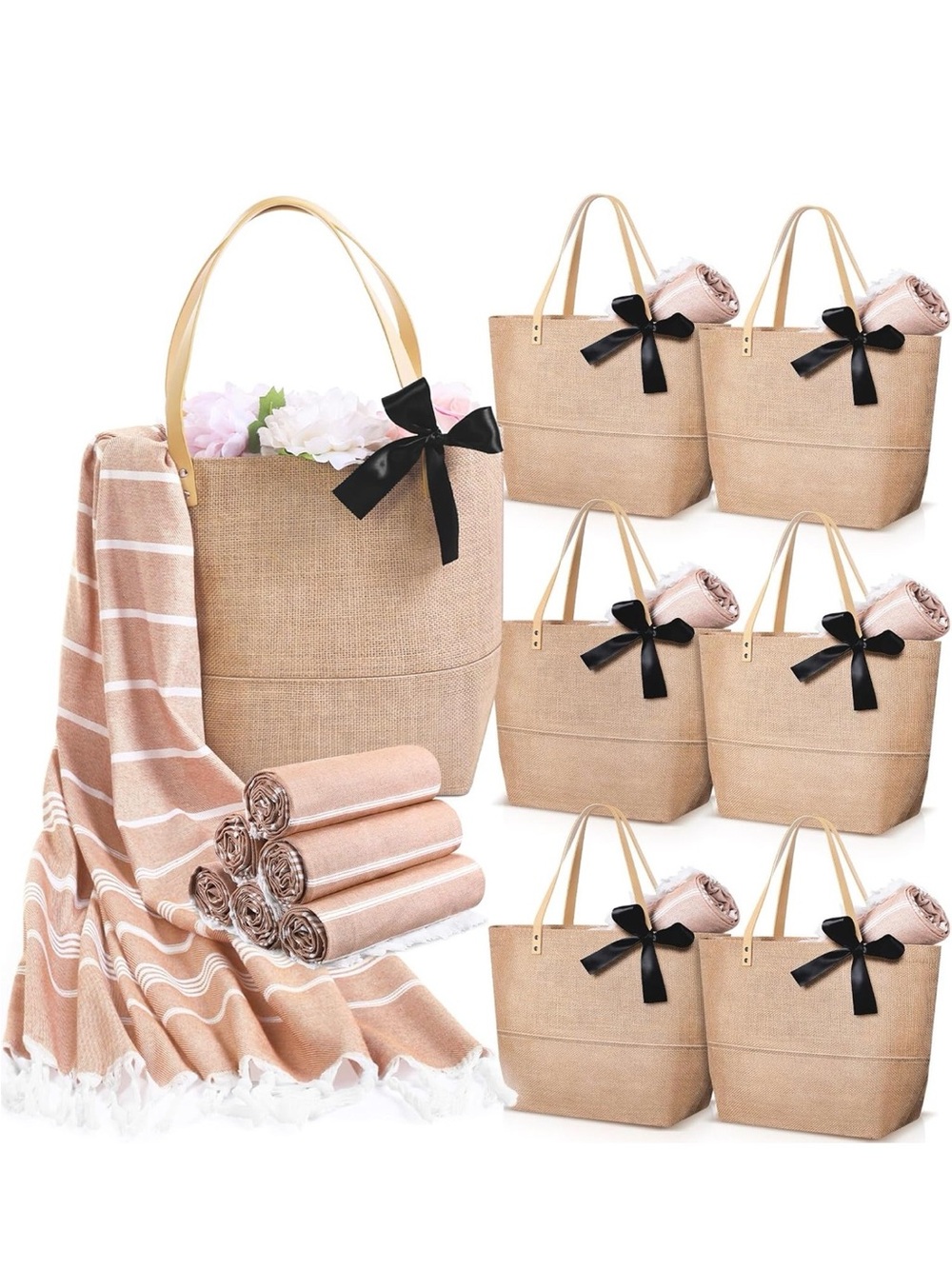 Beige Jute Tote Bag with Turkish Towel- Women Bags set of 6